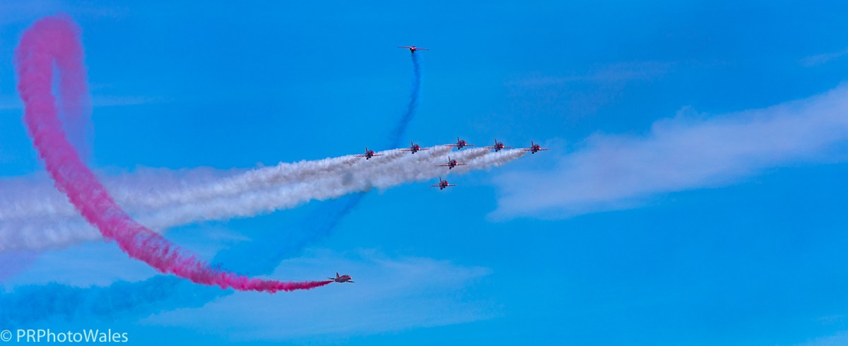 The Red Arrows performing a manouver called 'Tornado'